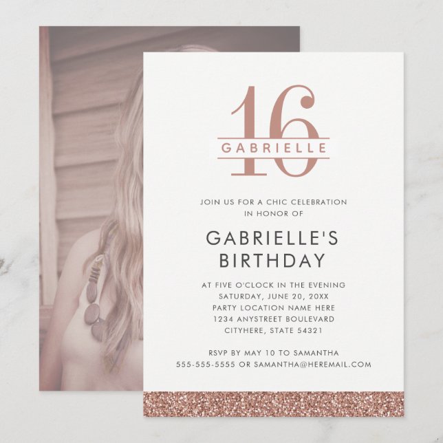 Invitation Sweet 16 Rose or rose Parties scintillant Annivers (Devant / Derrière)