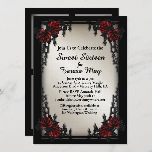 Invitation Sweet 16 Rose rouge gothique avec quatre zones de  (Devant / Derrière)