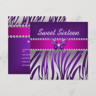 Invitation Sweet 16 rose violet Zèbre bleu papillon en argent