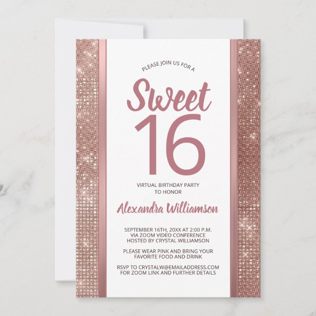 Invitation Sweet 16 Roses Gold Glam Chic Virtual 16e annivers (Devant)