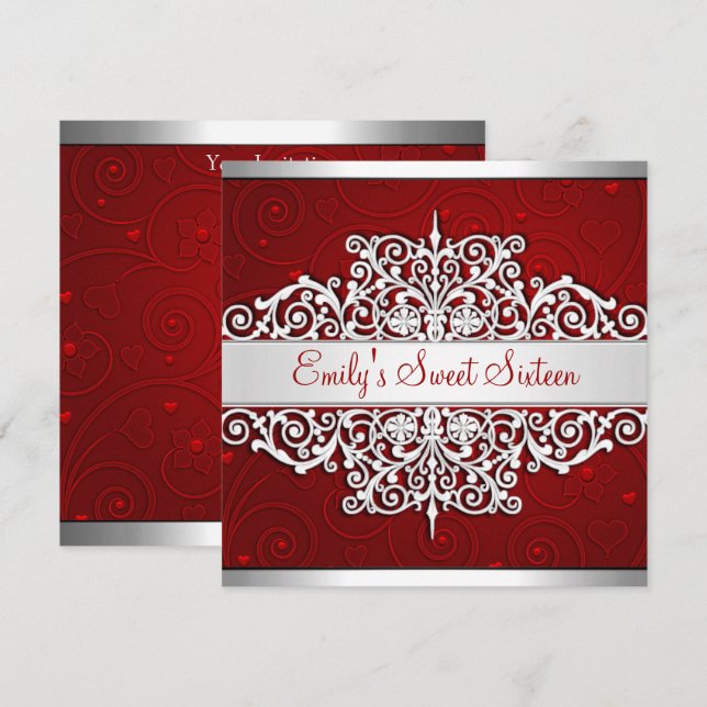 Invitation Sweet 16 Rouge Argent Floral Amour fête d'annivers (Devant / Derrière)