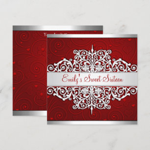 Invitation Sweet 16 Rouge Argent Floral Amour fête d'annivers