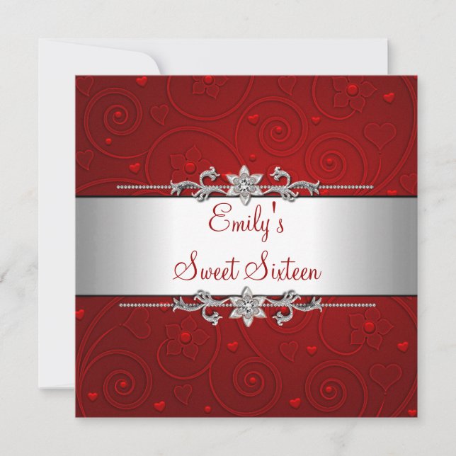 Invitation Sweet 16 Rouge Argent Floral Amour fête d'annivers (Devant)