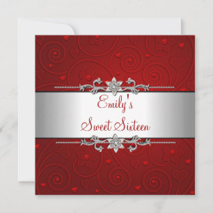 Invitation Sweet 16 Rouge Argent Floral Amour fête d'annivers