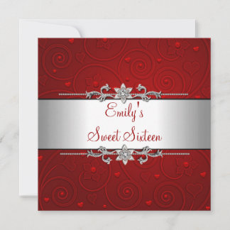 Invitation Sweet 16 Rouge Argent Floral Amour fête d'annivers