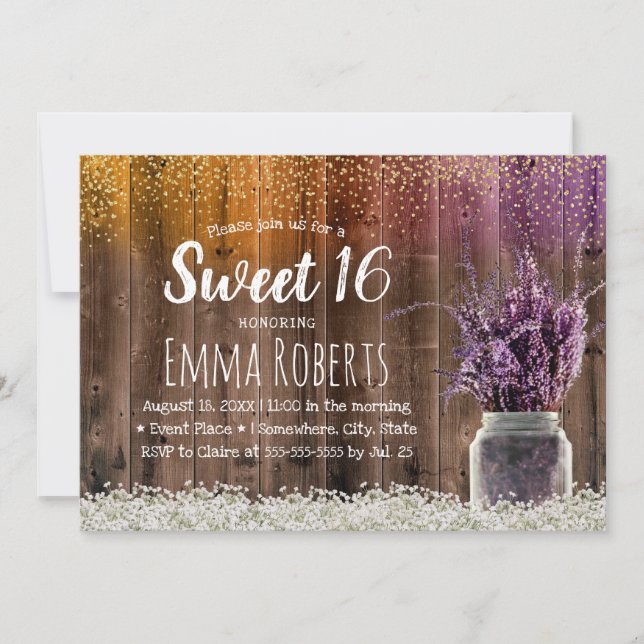 Invitation Sweet 16 Rustic Lavender Floral Jar Gold Confetti (Devant)