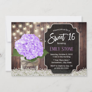 Invitation Sweet 16 Rustic Purple Hydrangea Flower Mason Jar