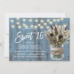 Invitation Sweet 16 Rustic Winter Floral Jar Dusty Blue