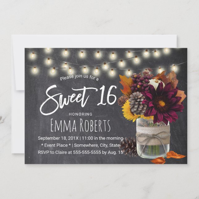 Invitation Sweet 16 Rustique Automne Floral Mason Jar Chalkbo (Devant)