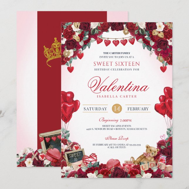 Invitation Sweet 16 Saint Valentin fête d'anniversaire (Devant / Derrière)