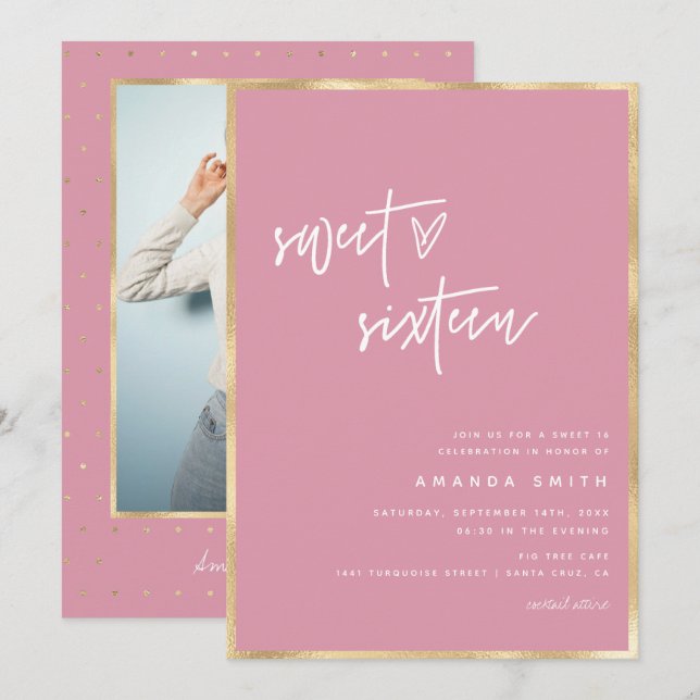 Invitation Sweet 16 Script moderne Gold Foil rose Anniversair (Devant / Derrière)