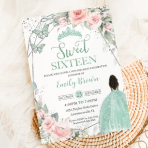 Invitation Sweet 16 Seize Anniversaire Blush Floral Mint Gree