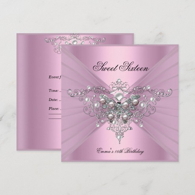 Invitation Sweet 16 Seize Anniversaire Fête Papillon rose (Devant / Derrière)