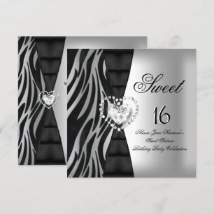 Invitation Sweet 16 Seize Anniversaire Fête Zebra Black Silve