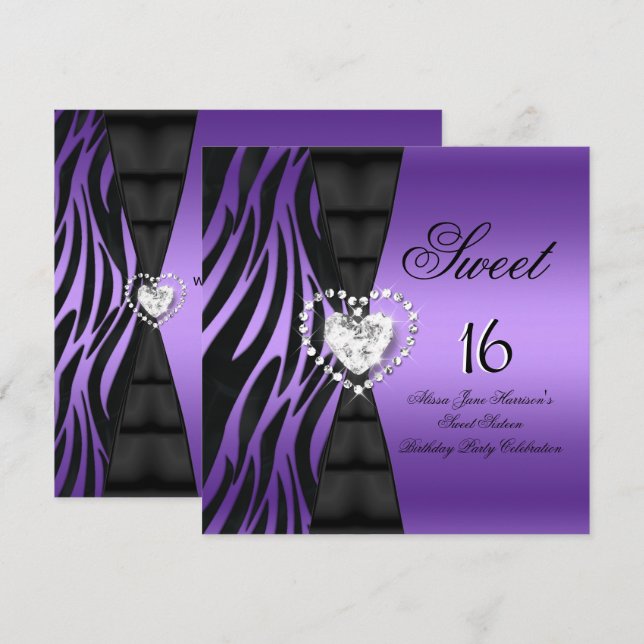 Invitation Sweet 16 Seize Anniversaire Fête Zebra Purple (Devant / Derrière)
