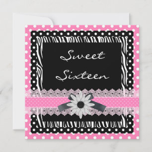 Invitation Sweet 16 Seize Anniversaire Noir Blanc Rose Zèbre