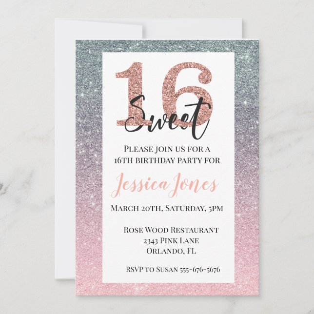 Invitation Sweet 16 Seize Anniversaire Rose Gold ombre (Devant)