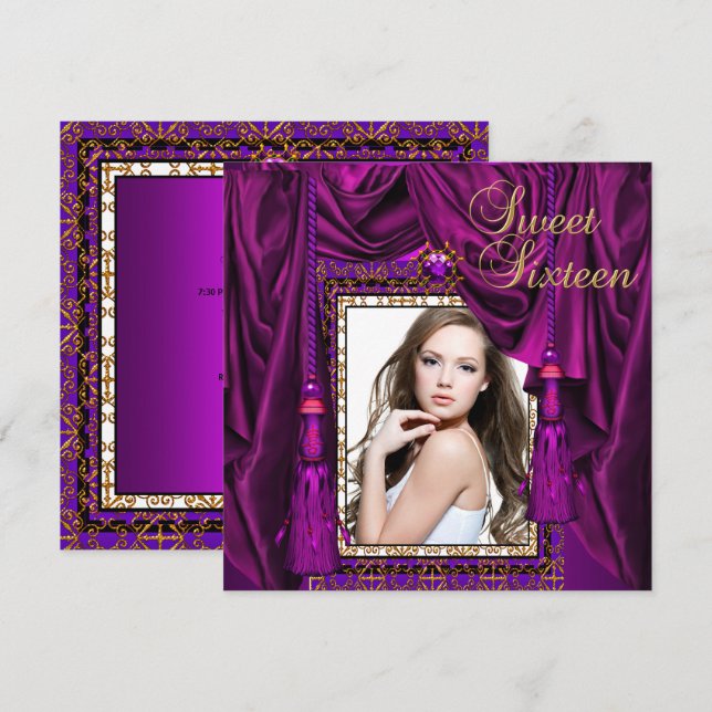 Invitation Sweet 16 Seize Anniversaire Soirée Purple Gold (Devant / Derrière)