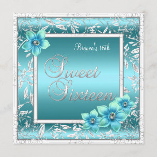 Invitation Sweet 16 Seize Anniversaire Turquoise Fleur bleue