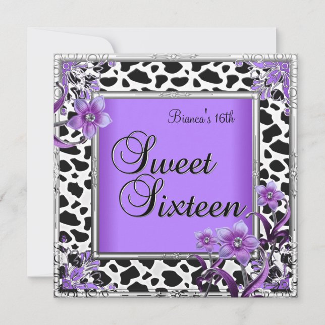 Invitation Sweet 16 Seize Anniversaire violet argent noir (Devant)