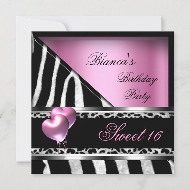 Invitation Sweet 16 Seize Ballons Rose Zebra Leopard (Devant)