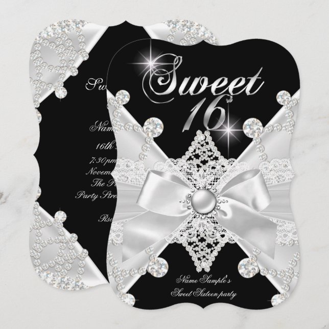 Invitation Sweet 16 Seize Black Silver Diamond (Devant / Derrière)