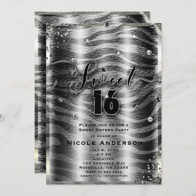 Invitation SWEET 16 Seize Black White Zebra & Silver Bling (Devant / Derrière)