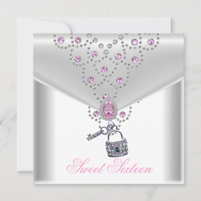 Invitation Sweet 16 Seize Blanc Argent Superposition Bijou ro (Devant)
