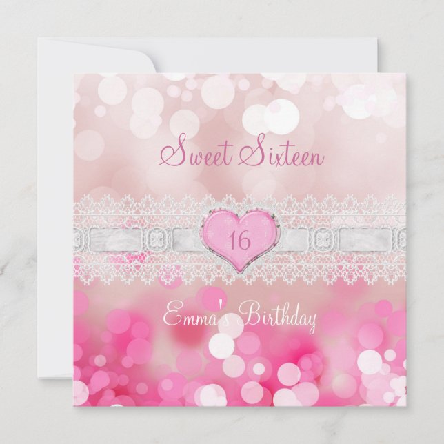 Invitation Sweet 16 Seize Blanche-Dentelle Rose Anniversaire (Devant)