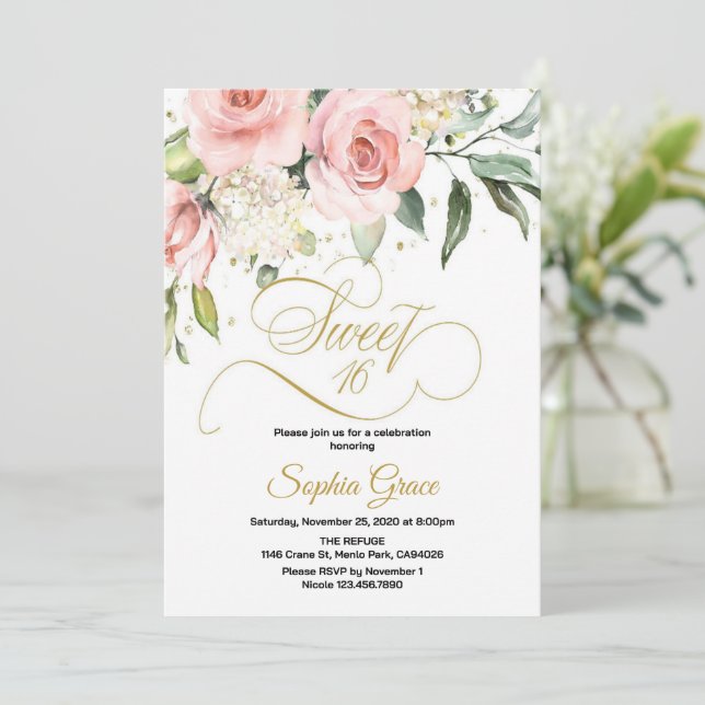 Invitation Sweet 16 Seize Blush Rose Floral Anniversaire (Debout devant)