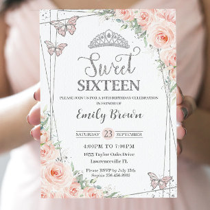Invitation Sweet 16 Seize Blush Rose Floral Argent Anniversai
