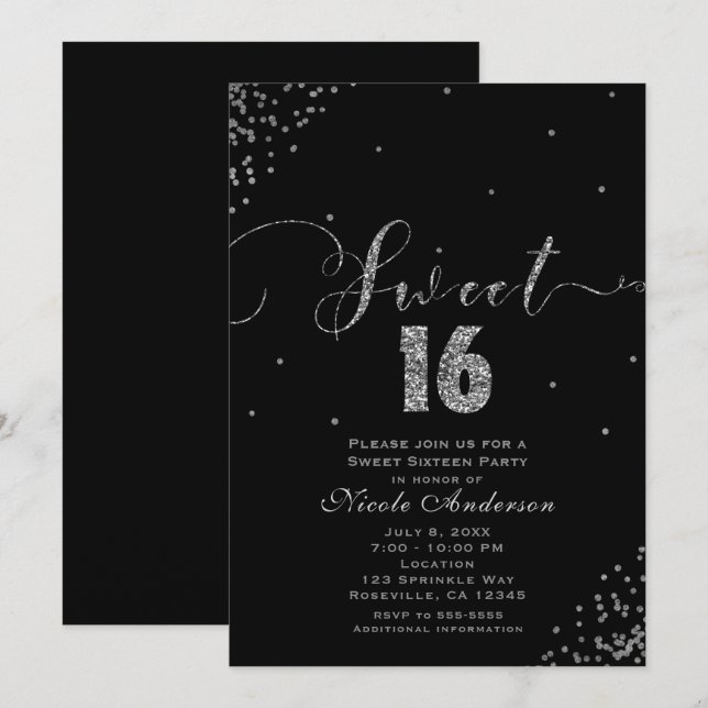 Invitation SWEET 16 Seize Coin Confetti Noir & Argent (Devant / Derrière)