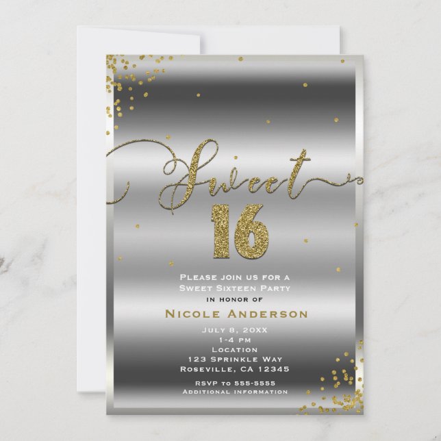 Invitation SWEET 16 Seize Coins Confetti Argent & Or (Devant)