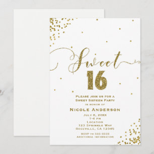 Invitation SWEET 16 Seize coins Confetti Blanc & Or