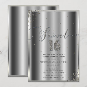 Invitation SWEET 16 Seize Coins Confetti Glam Argent