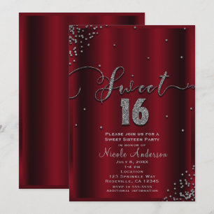 Invitation SWEET 16 Seize coins Confetti Rouge et Argent