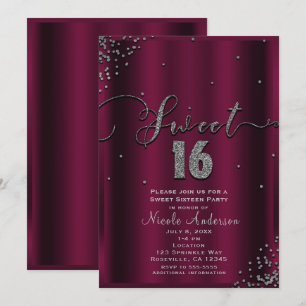 Invitation SWEET 16 Seize Coins de Confettis Argent Bourguign