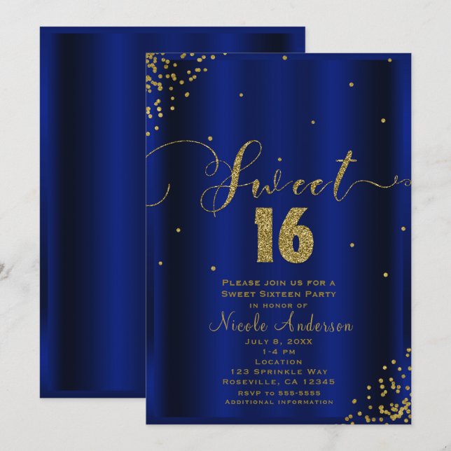 Invitation SWEET 16 Seize Coins Royal Blue Gold Confetti (Devant / Derrière)