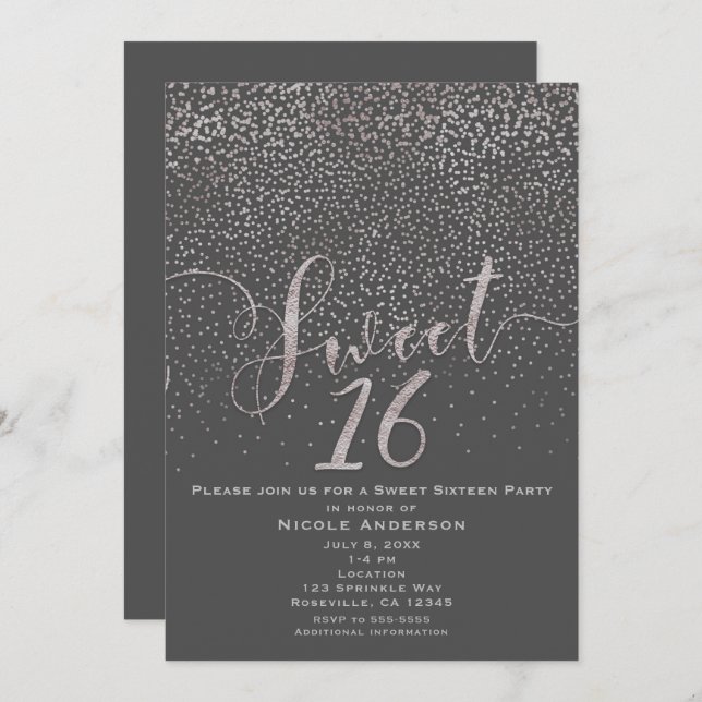 Invitation SWEET 16 Seize Confetti gris argent moderne (Devant / Derrière)