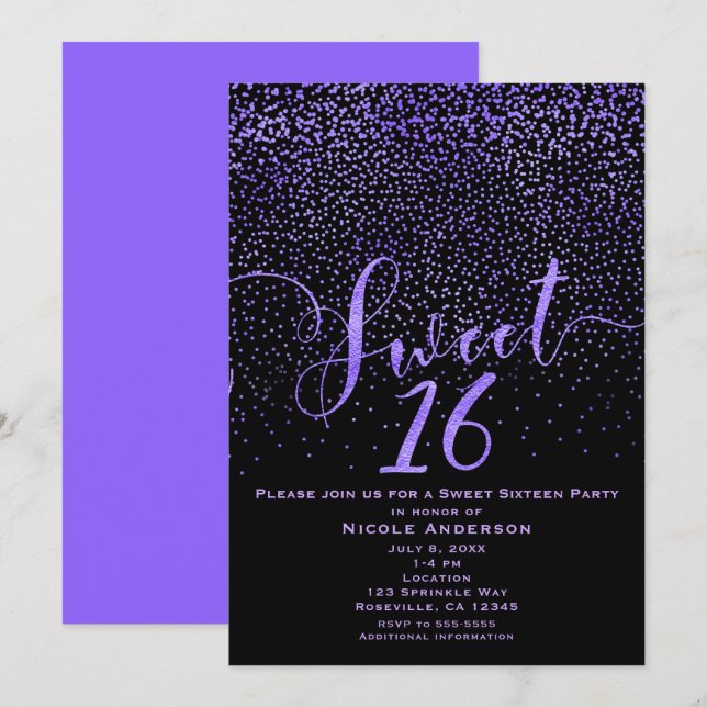 Invitation SWEET 16 Seize Confetti moderne violet et noir (Devant / Derrière)