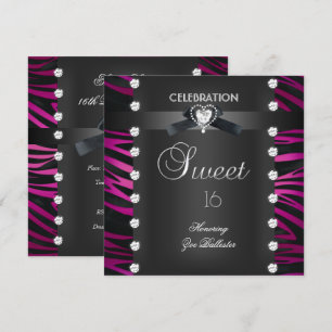 Invitation Sweet 16 Seize Cravate noire rose blanc Zèbre