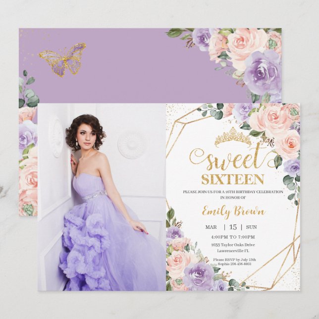 Invitation Sweet 16 Seize Lilac Blush Floral Photo Anniversai (Devant / Derrière)
