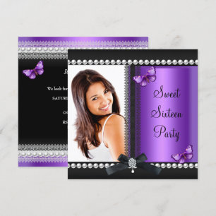 Invitation Sweet 16 Seize Papillon noir violet