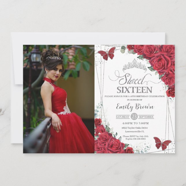 Invitation Sweet 16 Seize Papillons Roses Rouges Argent Photo (Devant)