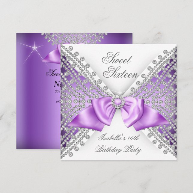 Invitation Sweet 16 Seize Purple White Diamond Party (Devant / Derrière)