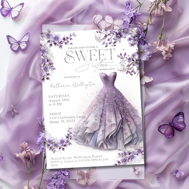 Invitation Sweet 16 Seize Robe Lilac Violet Floral (Sweet 16 Sixteen Purple Lilac Dress Floral Invitation)
