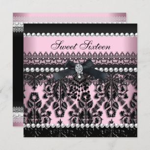 Invitation Sweet 16 Seize rose noir perle dentelle Damask