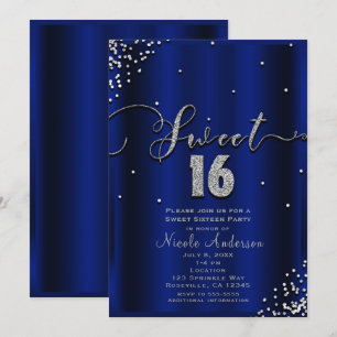 Invitation SWEET 16 Seize Royal Bleu Argent Confetti Coin