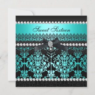 Invitation Sweet 16 Seize Turquoise Black Pearl Lace Damask
