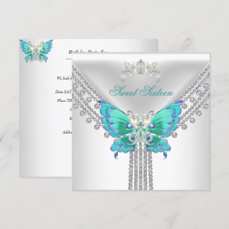 Invitation Sweet 16 Seize Turquoise Bleu Bleu Blancs Papillon